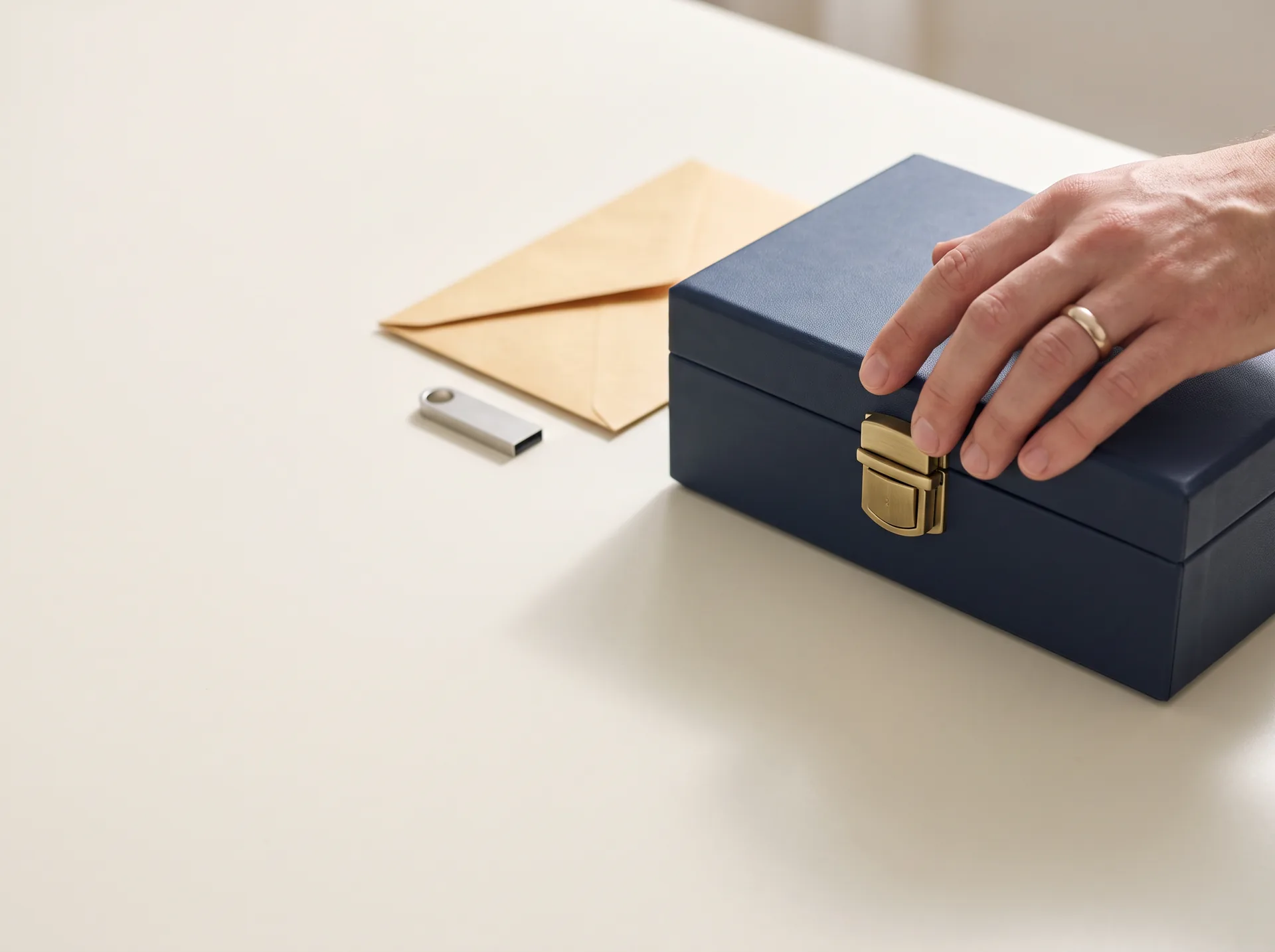 机の上に置かれた鍵付きの書類ケースと、紙に書いた控えを保管する様子