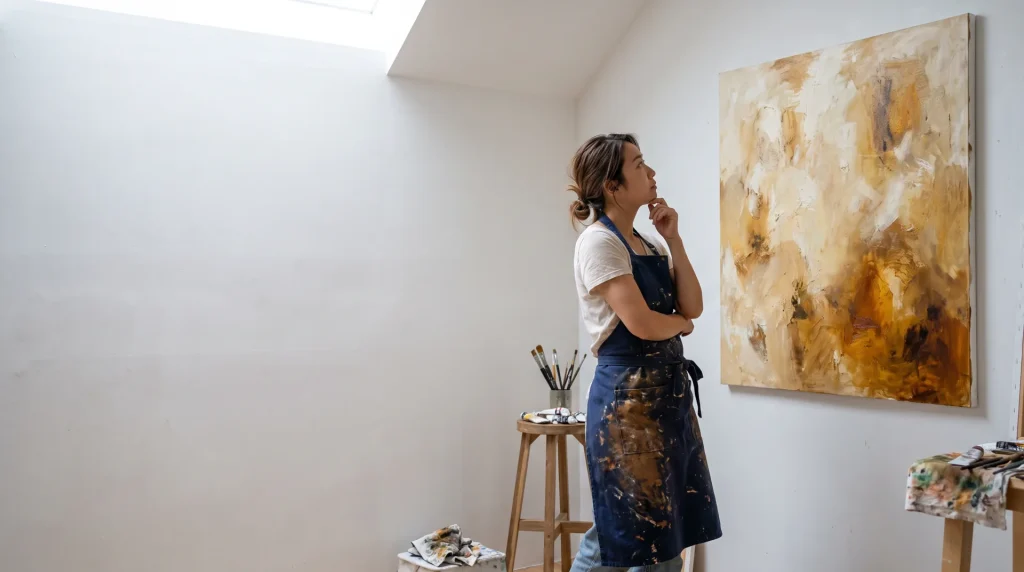 アトリエで作家が完成した絵を壁に掛けて確認している
