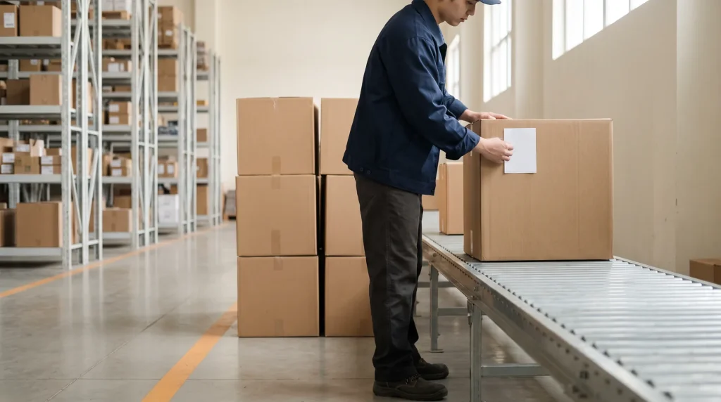 出荷場でスタッフが海外向けの荷物に送り状を貼っている